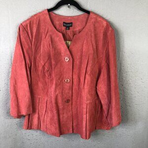 Dialogue Leather Jacket Womens 3X Coral Washable Suede Lined Button Front Peplum